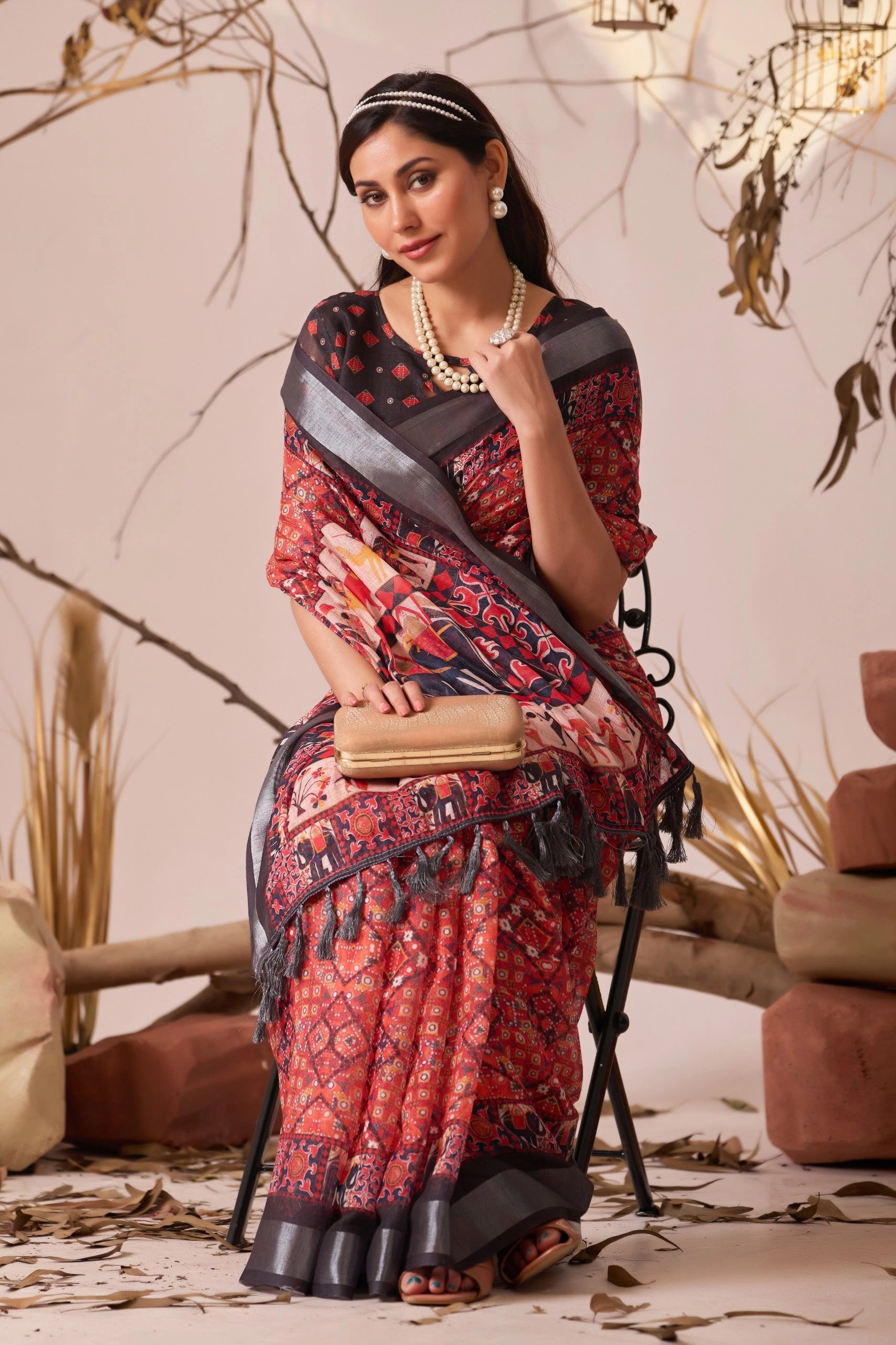 deep red digital floral royal ethnic print linen cotton saree